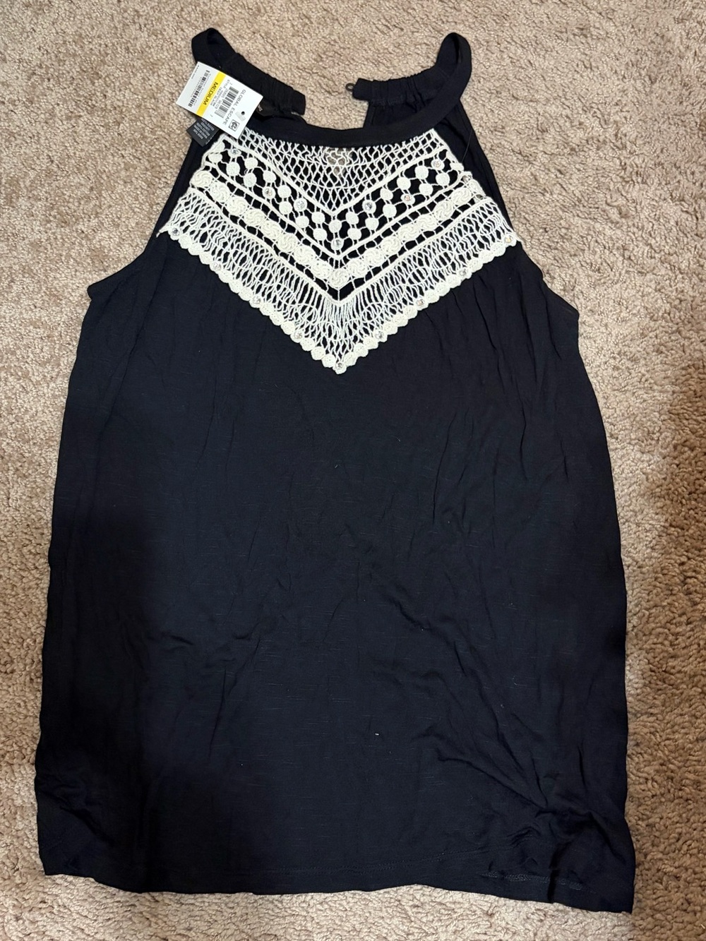 Women’s Black Crochet Yoke Halter Tank Top (166)
